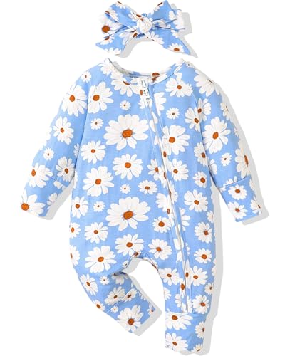Image of Mikrdoo Newborn Infant Baby Girl Clothes Fall Winter Outfits Long Sleeve Zipper Rompers with Headband