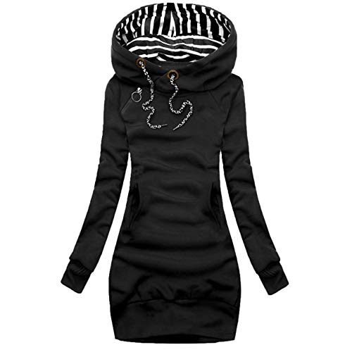 limado Women's Long Sleeve Hooded Dress Striped Lace Up Side Zip Solid Color Casual Pullover Hoodie Dress with Pocket (Black, XXL)