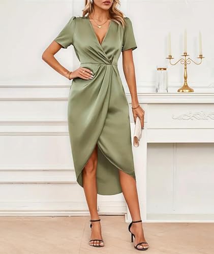 Image of Sexyshine Women's Wrap V Neck Short Sleeve Satin Midi Dress Split Hem Ruched Pleated Formal Evening Party Dresses