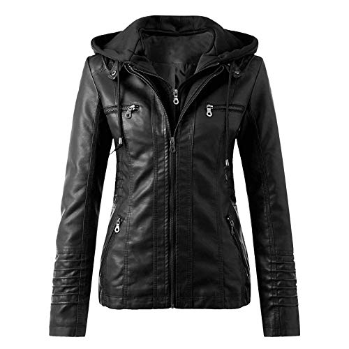 Generisch Kurze Lederjacke Für Damen Mit Kapuze Figurbetonte Bikerjacke Aus Echtem Leder Stilvolle Jacke Im Biker-Design Für Freizeit Und Ausgehen (Black, XXL)