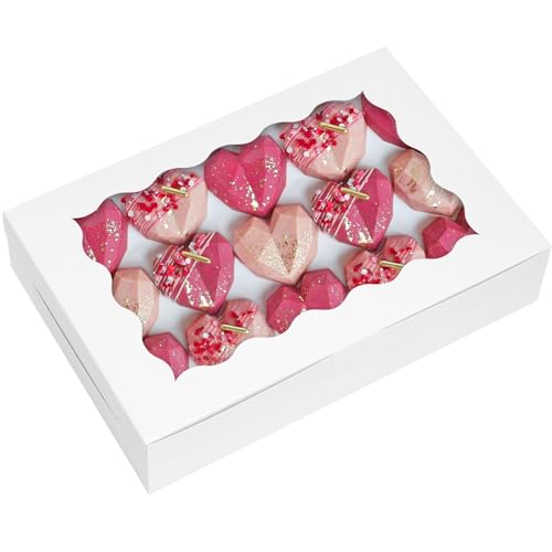 Moretoes 24pcs Bakery Boxes, 12x8x2.5 Inches,Treat Boxes with Window for Chocolate Covered Strawberries, Pastries, Cookies, Desserts, Donuts and Muffins