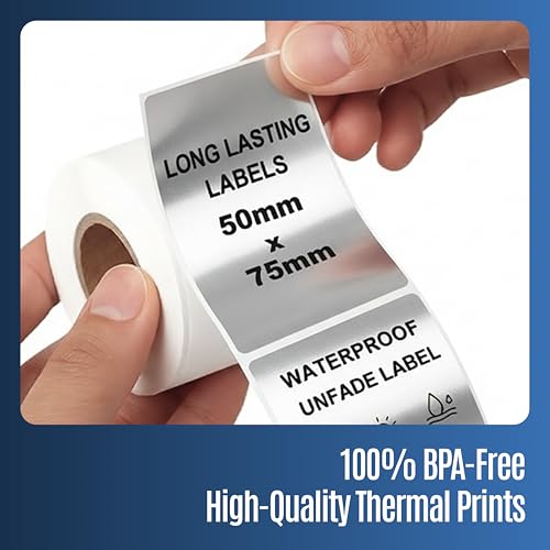 Image of Seznik Silver Waterproof, Non-Tearable, Sticky Thermal Lables, Label Roll, 2 inch Adhesive Thermal Labels for Label Printers (50mmx75mm - 500 Lables)