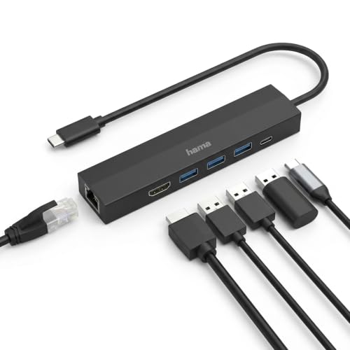 Image of HAMA 6-in-1 USB-C Hub /Docking Station with 4K 30Hz HDMI, Gigabit Ethernet, 3 x USB 3.2 Gen 1 Ports, 100W PD Charging, USB-C Multiport Adapter for Laptop, MacBook, PC & Tablet - 5 Year Warranty