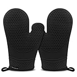 Monbalcon Thickened Silicone Oven Mitts Heat Resistant to 500ºF - [Ultra Heat Resistant] [Thickened Liner] [Waterproof Silicone] Kitchen Oven Gloves Mittens for Cooking, 1 Pair (Black)