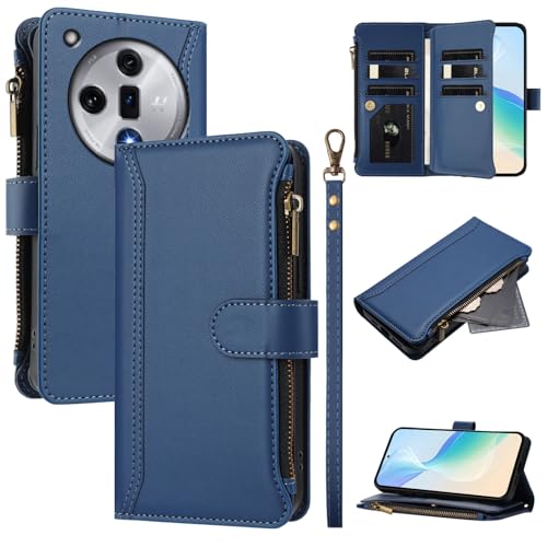 Rfvzubemok Compatible with Oppo Find X7 5G,Compatible with Oppo Find X7 5G Cover,Flip Kickstand Double Card Slots Zipper Wallet Case Blue