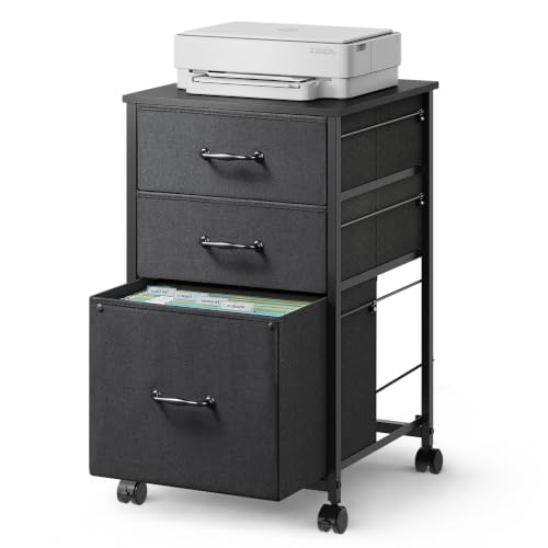 DEVAISE Mobile File Cabinet, Rolling Printer Stand with 3 Drawers, Fabric Vertical Filing Cabinet fits A4 or Letter Size for Home Office, Black