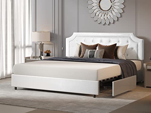 Bonsoir Queen Size Storage Bed Frame Upholstered Low Profile Traditional Platform With Tufted And Nail Headboard/4 Pull Out Drawers/White Faux Leather #TOP3