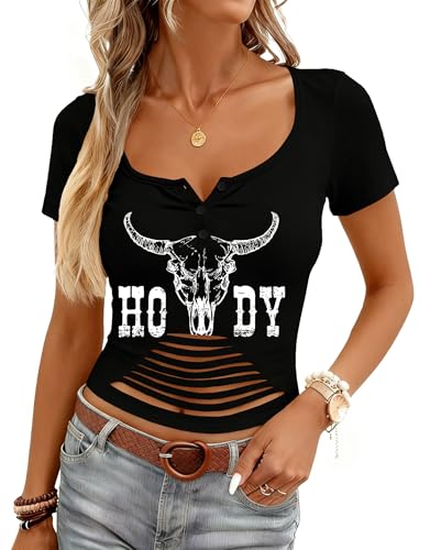 NQIQO Howdy Shirt Women Cowgirl Henley Button Crop Outfits Slim Fit Rodeo Cow Skull Graphic Tshirt Black S