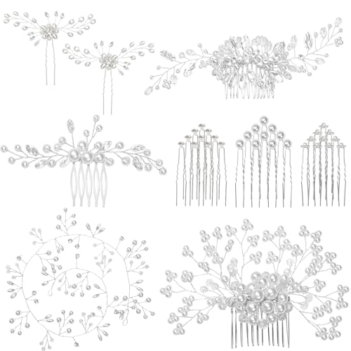 Gingbiss Wedding Hair Accessories Set for Bridal, Silver Pearl Rhinestone Hair Pins Wedding Hair Comb for Brides Bridesmaids Women Girls