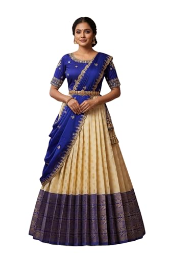 Fabcartz Beautiful South Indian Style Unstitch Lehenga Choli Half Saree with Blouse for Women PL239 (Royal Blu