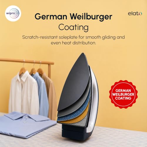 Image of Wipro Elato GD 104 Glide Automatic Electric Dry Iron 1000 Watt With LED Indicator | Anti Bacterial German Teflon Coated Soleplate | Temperature Control | Quick Heat Up - 1000 Watts, White with Blue.