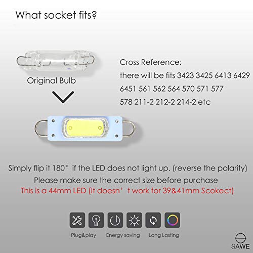 Sawe - 44Mm Cob Festoon Led Bulbs For Car Side Door Courtesy Rigid Loop 1.73" Led Light Bulbs 561 562 567 (2 Pieces) (White) #TOP2