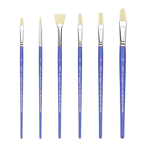 XDT#266 Filbert Artist Paint Brush 6 Piece Set Medium Stiff Hog Bristle Extra Long Handle #0#2#4#6#8#12, Acrylic Oil Watercolor