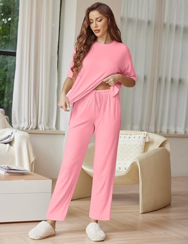 Image of Ekouaer Lounge Sets for Women Short Sleeve Tops and Long Pants Soft Comfy Pajamas Set 2 Piece Outfits