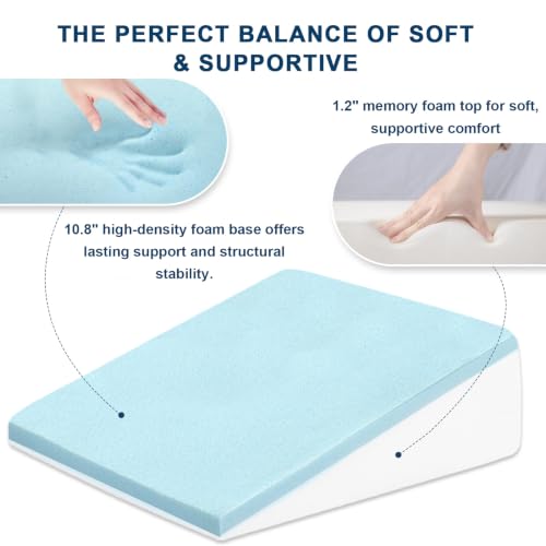Image of 12 inch Wedge Pillow for Sleeping, Bed Wedge After Surgery, Back Pain Relief, Memory Foam Pillow Triangle Incline Wedge for Back Support, Leg Elevation (Blue)