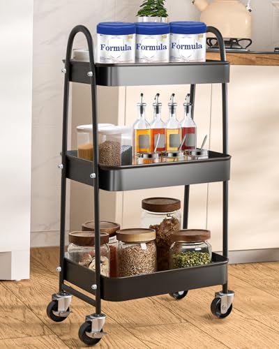 KeZaara Serving Trolley - 3 Tier Metal Kitchen Trolley with Wheels, Black