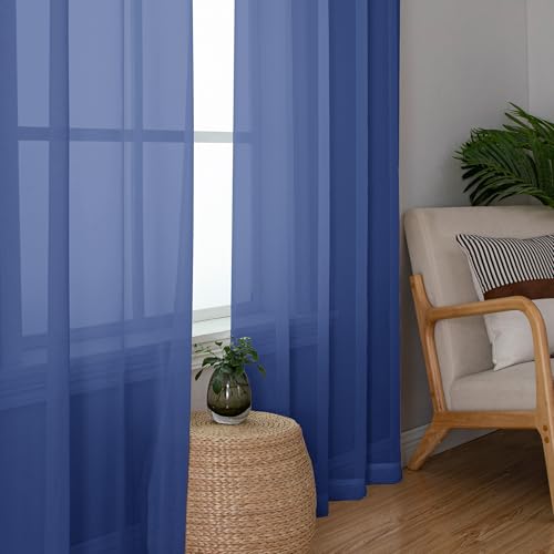 Image of OWENIE Sheer Curtains 78 Inches Long 2 Panels Set for Bedroom Living Room, Light Filtering Voile Blue Sheer Curtain, Airy Rod Pocket Farmhouse Curtains, Royal Blue, Each 42Wx78L inch
