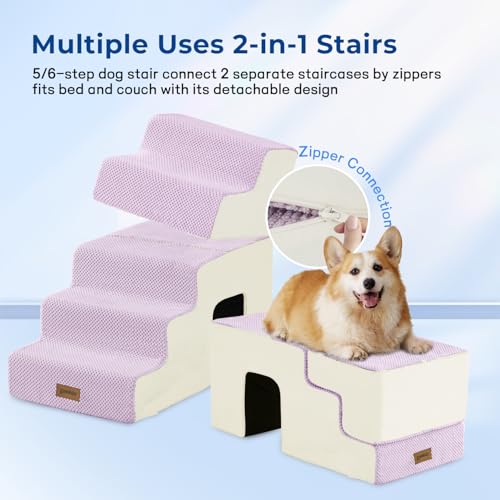 Image of ZOMISIA Dog Steps for High Beds - 5 Step 24 inch H Pet Stairs with Tunnel 2 in 1 with Zippers Suitable for Small Dogs and Cats, Indoor Cat Ladders with Non-Slip Bottom, Beige