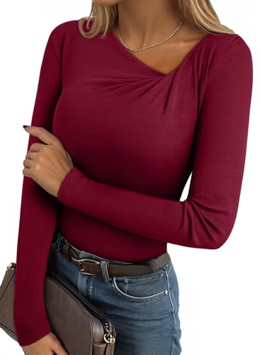 EVALESS Women Long Sleeve Pleated V Neck Rib Knit Slim Fit Shirts Basic Tops 2025 Casual T-Shirt Going Out Workout Outfits