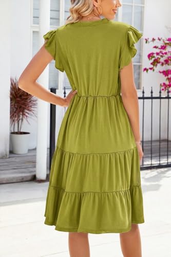 Image of Womens Summer Dress Ruffle Sleeve V Neck Midi Dresses Casual Fit Flowy Tiered Boho Beach Vacation Sundress