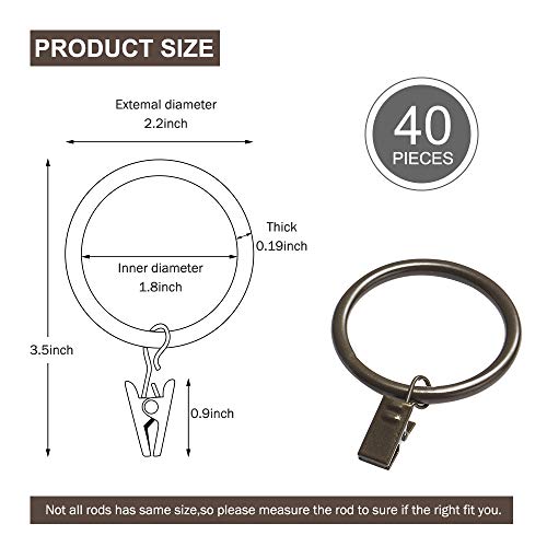 image for ARPENTER 40 Pack Bronze Curtain Rings with Clips for Drapes, 2.2 inch 