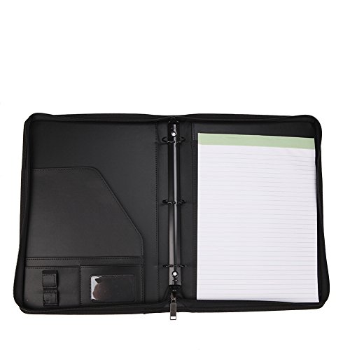 Freeprint Zippered Portfolio Binder 3 Ring with Writing Pad Legal Size Letter - PU Leather Professional Padfolio Folder for Interview Business, Black