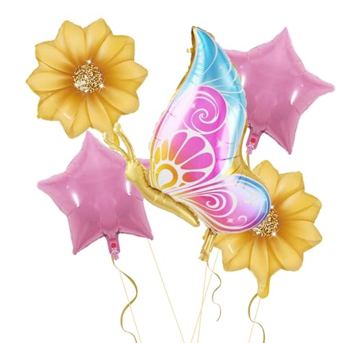 Image of 5 PCS Butterfly Foil Balloons Suit With Sunflower Pentagram Foil Balloons Girl Birthday Party Butterfly Party Spring Theme Decoration