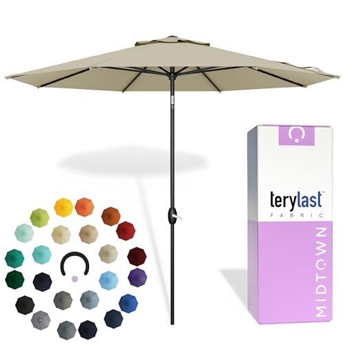 Midtown Umbrellas - 10-Year-No-Fade 9 Ft Patio Umbrella with Terylast Fabric, Auto-Tilt Aluminum Frame and 8 Reinforced Ribs for Deck, Pool, Garden & Beach - Chestnut Beige Canopy, Black Pole