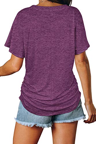 Image of WIHOLL Womens Summer T-Shirts Short Sleeve V Neck Dolman Tops with Side Shirring Loose Fit Shirts Spring Fashion