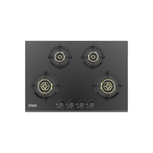 Hindware HAZEL 4B 75 | Full Brass Burner | Auto Ignition | Flame Guard Round Pan Support | Metal Knobs | 8 mm Toughened glass | Hob 4 Burners (Black)-image-15