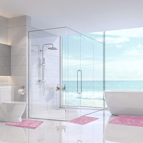 Bysure Pink Bathroom Rugs Sets 3 Piece Non Slip Extra Absorbent Shaggy Chenille Bathroom Rugs And Mats Sets, Soft & Dry Bath Rug/Mat Sets For Bathroom Washable Carpets Set #TOP7