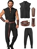 Verceco Men’s Renaissance Costume 4PCS – Medieval Lace-Up Shirt, Ankle Pants, Belt & Leather Bracers for LARP Cosplay (Black-Black, L)