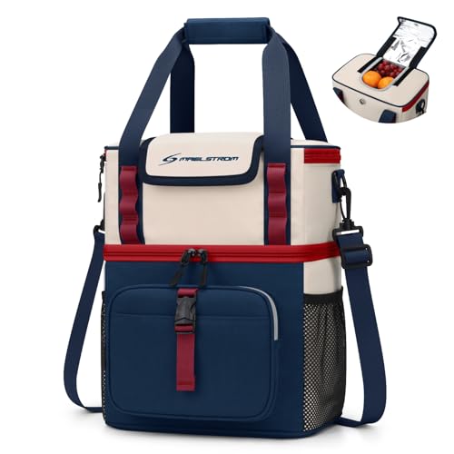 Maelstrom Lunch Box for Women, 20L Insulated Lunch Bag Men, Leakproof Double Deck Cooler Bag, Soft Lunch Cooler with Quick Access Flip-Top Lid for Work, Beach,Travel, Camping (Blue-Beige)