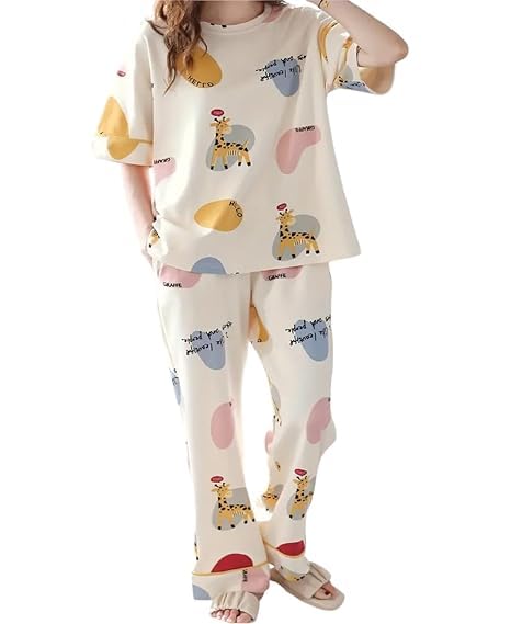 Image of Women's Pajama Set with Top & Pants|| Korean Night Wear|| Loose Fit Home Wear || Lightweight Printed Set || Soft & Comfy Girls & Women