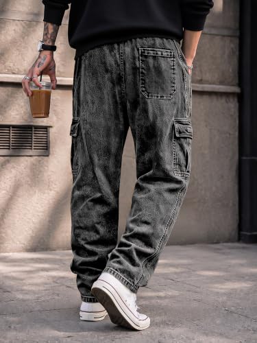 Image of JMIERR Men's Stretch Cargo Jeans Loose Straight | Over 60% Cotton Blend, Stretch Denim, Drawstring Waist, 5-Pocket Design, Loose Straight Fit, Casual Workwear Jeans