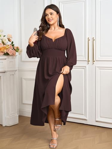 SCOMCHIC Women Plus Size Formal Dresses Long Sleeve Square Neck Wedding Guest Cocktail Split A-Line Maxi Long Dress3