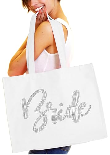 White Bridal Tote Bag - Giant Bride Rhinestone GLAM Cotton Canvas Tote Bag - Bride To Be Gift - White Tote (RS GlmBride)