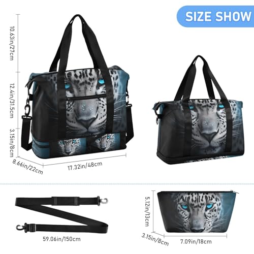 ALAZA Sports Duffel Bags with Toiletry Bag Set,Abstract Leopard with Blue Eyes Travel Duffel Bags Multi Pockets Weekend Bag3