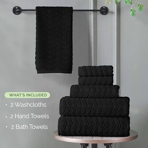 Image of Elegant Comfort Luxury 6-Piece 100% Turkish Cotton Jacquard Braided Textured Premium Hotel Quality Towel Set-Soft and Absorbent, Includes 2 Bath Towels, Hand Towels & Washcloths, Black(Pack of 4)