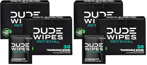 Image of DUDE Wipes On-The-Go Mint Chill Travel Wipes-Extra-Large Adult Flushable Wipes - Infused with Tea Tree Oil, Vitamin E, and Aloe - Septic and Sewer Safe,30 Count (Pack of 4)