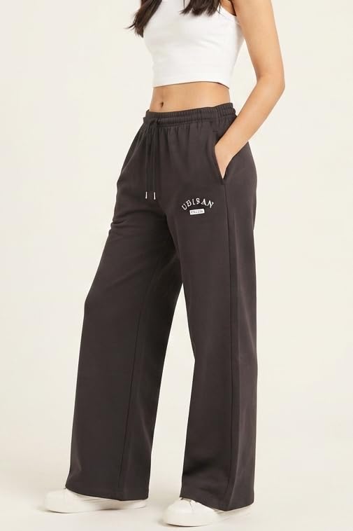 Image of Women's Cotton Wide Leg Track Pants | High Waist Palazzo Trousers with Elastic Drawstring