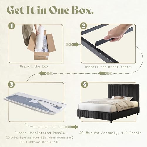 Image of AMERLIFE Twin Bed Frame, Upholstered Metal Platform Bed with Vertical Channel Tufted Headboard, Soft Fabric & Strong Metal Slats, Noise-Free /Easy Assembly, Black Twin Metal Bed and Headboard