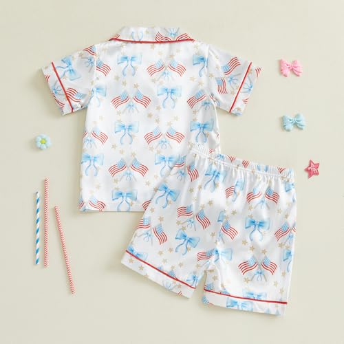 Kids Baby Girl Boy 4th of July Silk Pajamas Set Star Button Up Shirts Tops Shorts Independence Day Satin 2PCS Pj Set3