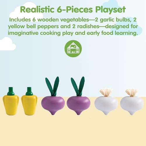 Image of PlanToys Wooden Fresh Produce Set Red Radishes, Garlics and Yellow Bell Peppers | Pretend Play Food for Imaginative Cooking, Role Play and Fine Motor Skills | Montessori Eco Friendly Kitchen Toy