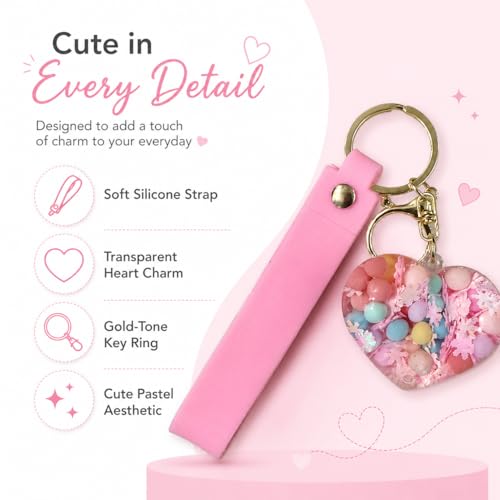 Image of Wanna Party Heart Shaped Beads Keychain with Pink Wrist Strap, Cute Bag Charm Key Ring for Girls, Backpack Accessories, Birthday Return Gifts, Party Favors, School Bag Decoration - 1PC