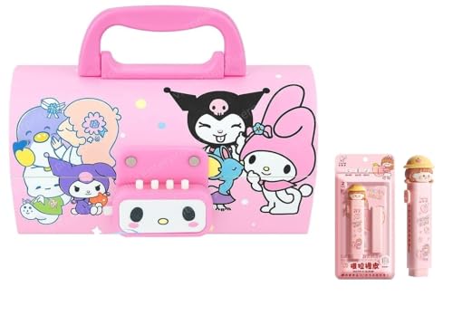 Image of Invite New Cartoon Theme Pencil Box with Push Pull Eraser Set for Kids | Suitcase Style Password Lock Stationery Organizer | School Supplies Gift Combo for Boys & Girls (Kuromi Pink + Eraser)