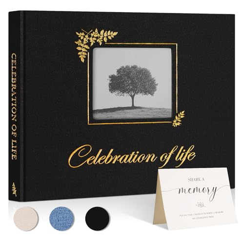 Image of Lanpn Funeral Guest Book for Memorial Service, Linen Celebration of Life Registry Guest Book with Open Window, Memory Book for Funeral with Table Sign, Funeral Favors Sign in Books for Guests, Black