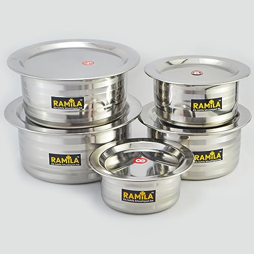 Image of Ramila Stainless Steel Tope Set | Cookware Set with Lid | Steel Pot Set Induction Bottom (Silver Touch Design) Capacity 2-Liter,1.5-Liter,1-Liter,0.75liter,0.50-Liter