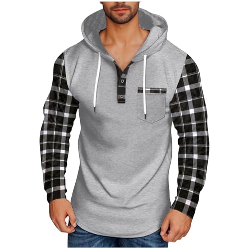 SMUXP Sudadera con capucha para hombre, de manga larga, con parche a cuadros, estampado de tartán, cordón de ajuste, cuello de botón, camisa atlética con bolsillo, perfecta para el trabajo y deportes,
