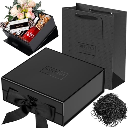 JiaWei ギフトボックス 蓋付き 磁気，ギフトバッグリボン パッケージボックスセット，付き手提げ用，細断紙グリーティング 24 x 24 x 9.5cm, 高級プレゼントぼっくす 箱, 蝶結び 贈り物, プレゼントボックス, 結婚式, 花嫁介添人, パーティー (ブラック)